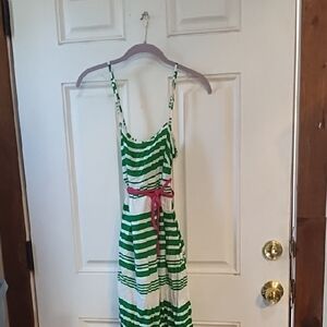 Zara Green and White Striped Dress with Pink Accent